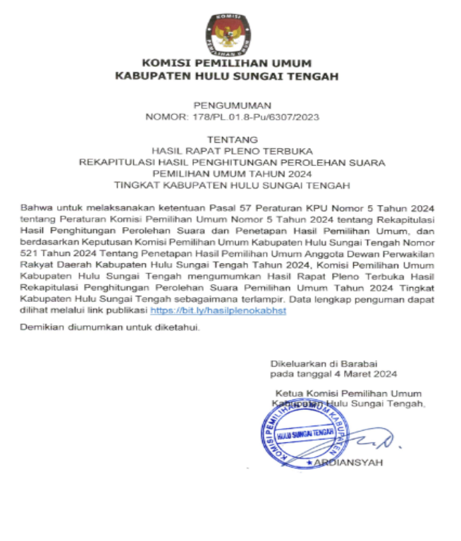d hasil kabupaten hst pemilu tahun 2024